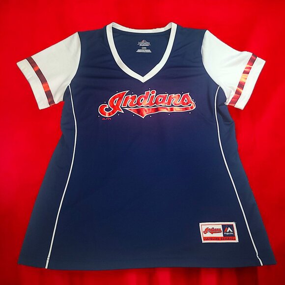 Majestic Cleveland Indians metallic red logo bling V-Neck Top - Picture 1 of 7